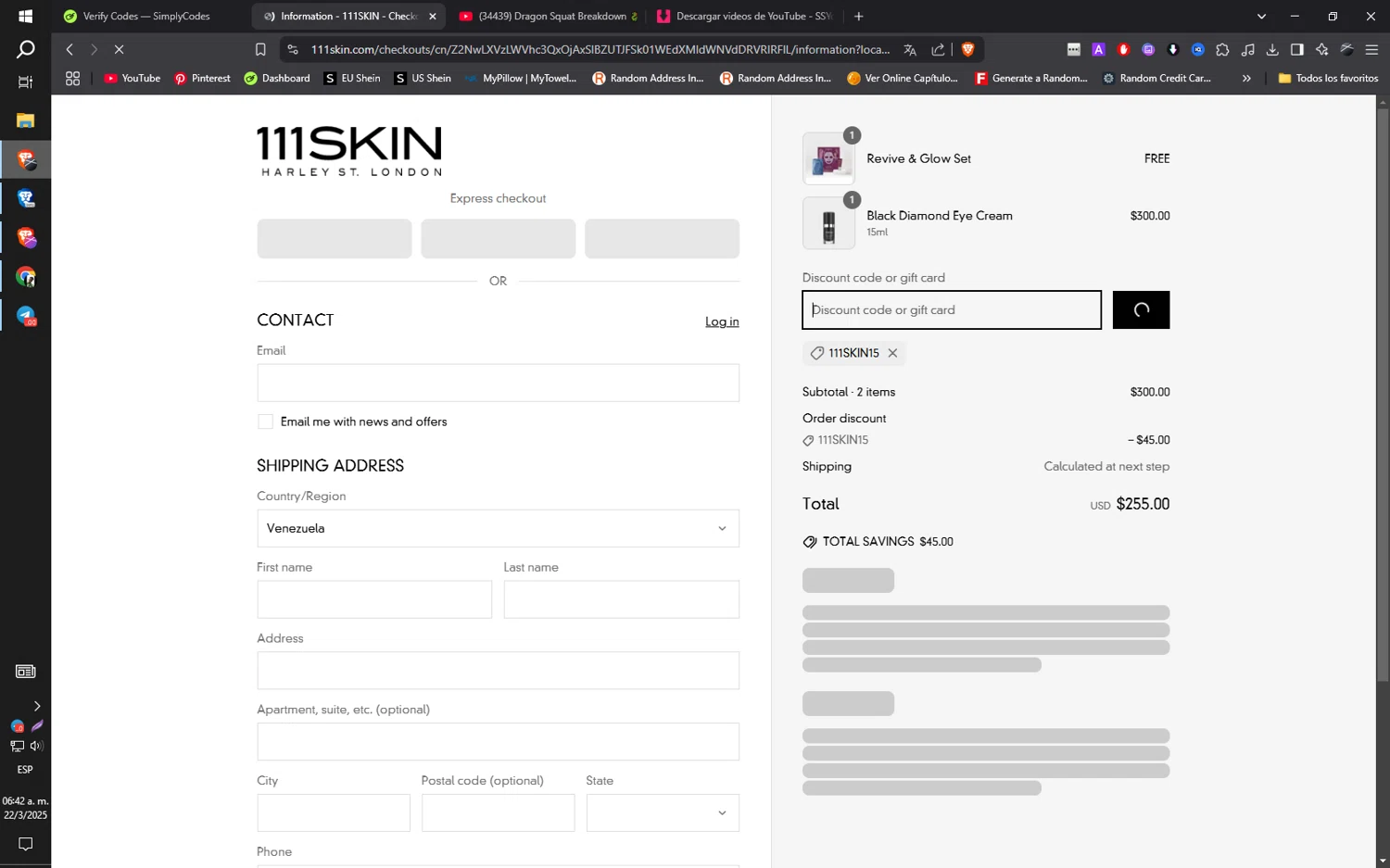 111Skin discount code screenshot showing code 111SKIN15 applied at 111Skin checkout page. Uploaded by SimplyCodes community member ilarrazaM1 on Mar 22, 2025