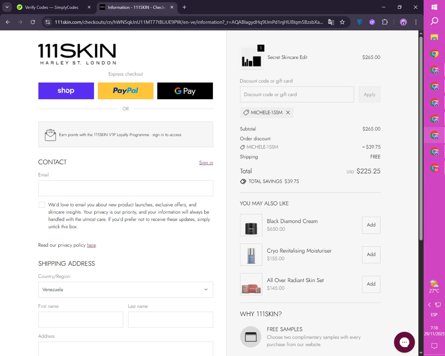 111Skin discount code screenshot showing code MICHELE-15SM applied at 111Skin checkout page. Uploaded by SimplyCodes community member FortunateScholar4524 on Nov 29, 2025