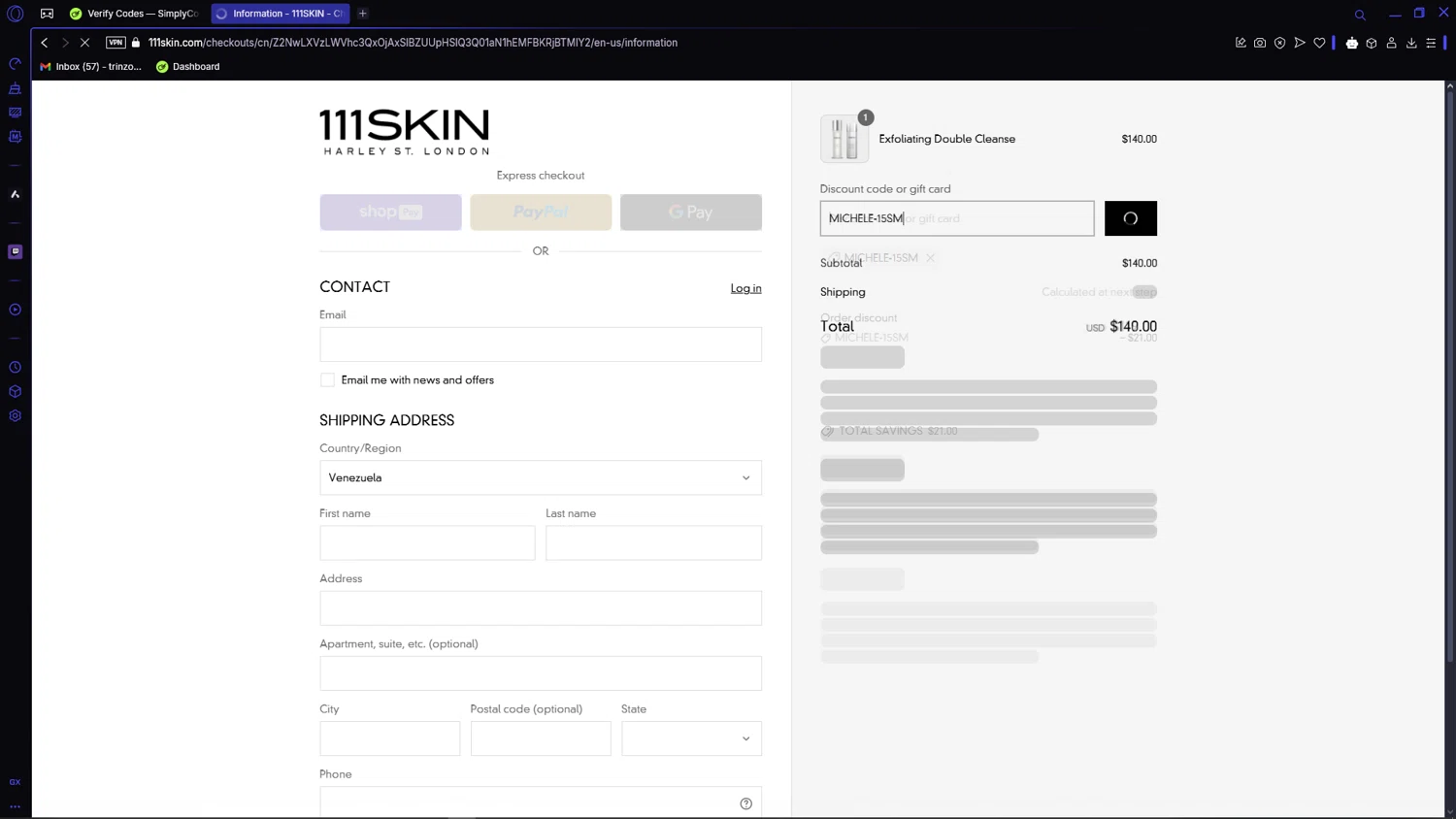 111Skin discount code screenshot showing code MICHELE-15SM applied at 111Skin checkout page. Uploaded by SimplyCodes community member VictoriousCaptain3902 on Mar 22, 2025