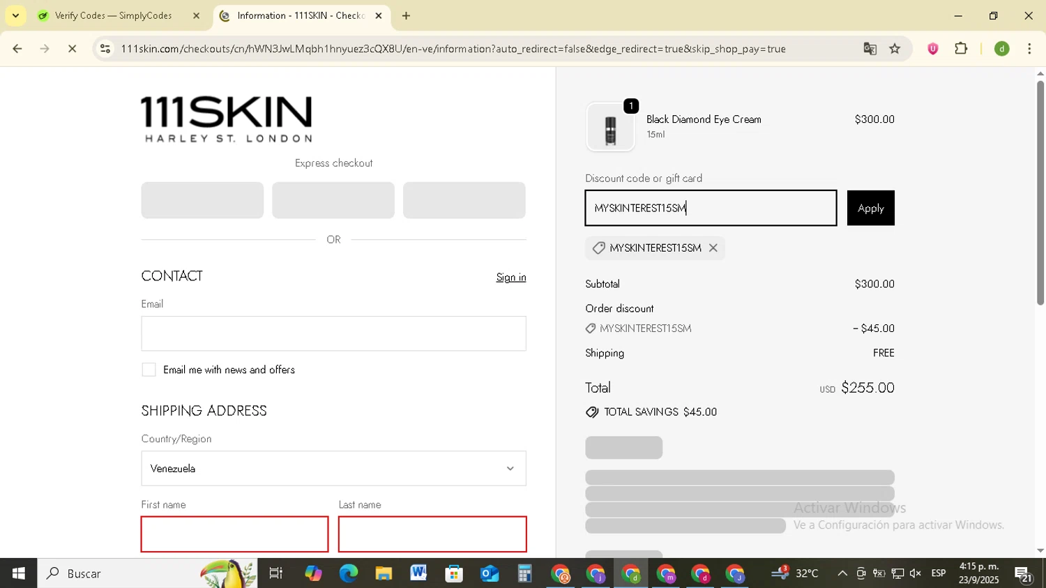 111Skin discount code screenshot showing code MYSKINTEREST15SM applied at 111Skin checkout page. Uploaded by SimplyCodes community member SavingsSentinel833 on Sep 23, 2025