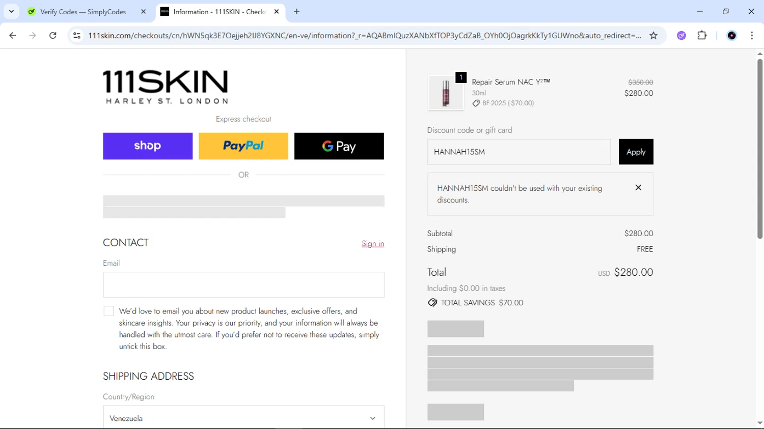 111Skin discount code screenshot showing code HANNAH15SM applied at 111Skin checkout page. Uploaded by SimplyCodes community member EpicTiger6039 on Nov 29, 2025