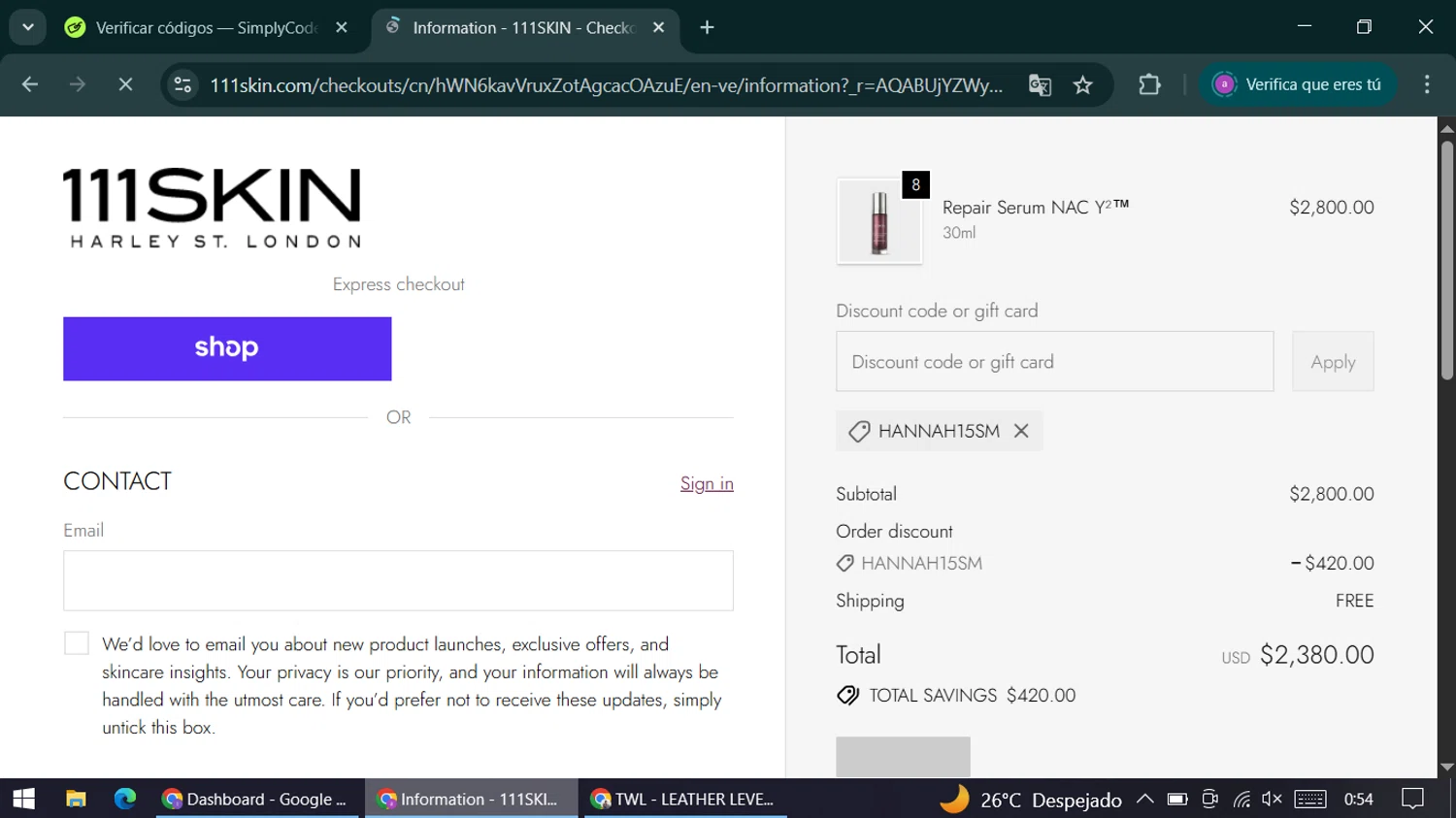 111Skin discount code screenshot showing code HANNAH15SM applied at 111Skin checkout page. Uploaded by SimplyCodes community member alexandracarolina on Dec 23, 2025