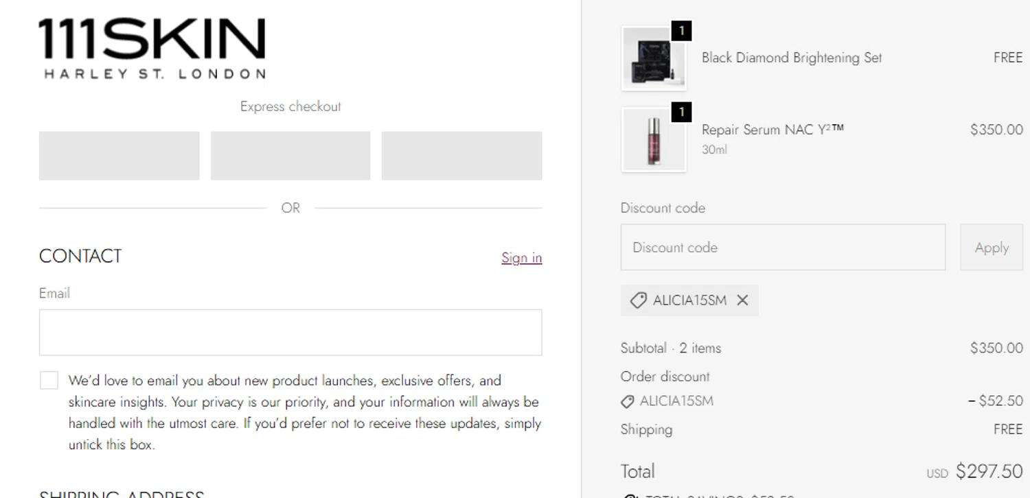 111Skin checkout page showing 111Skin discount code box | Screenshot taken by SimplyCodes community member on Feb 24, 2026