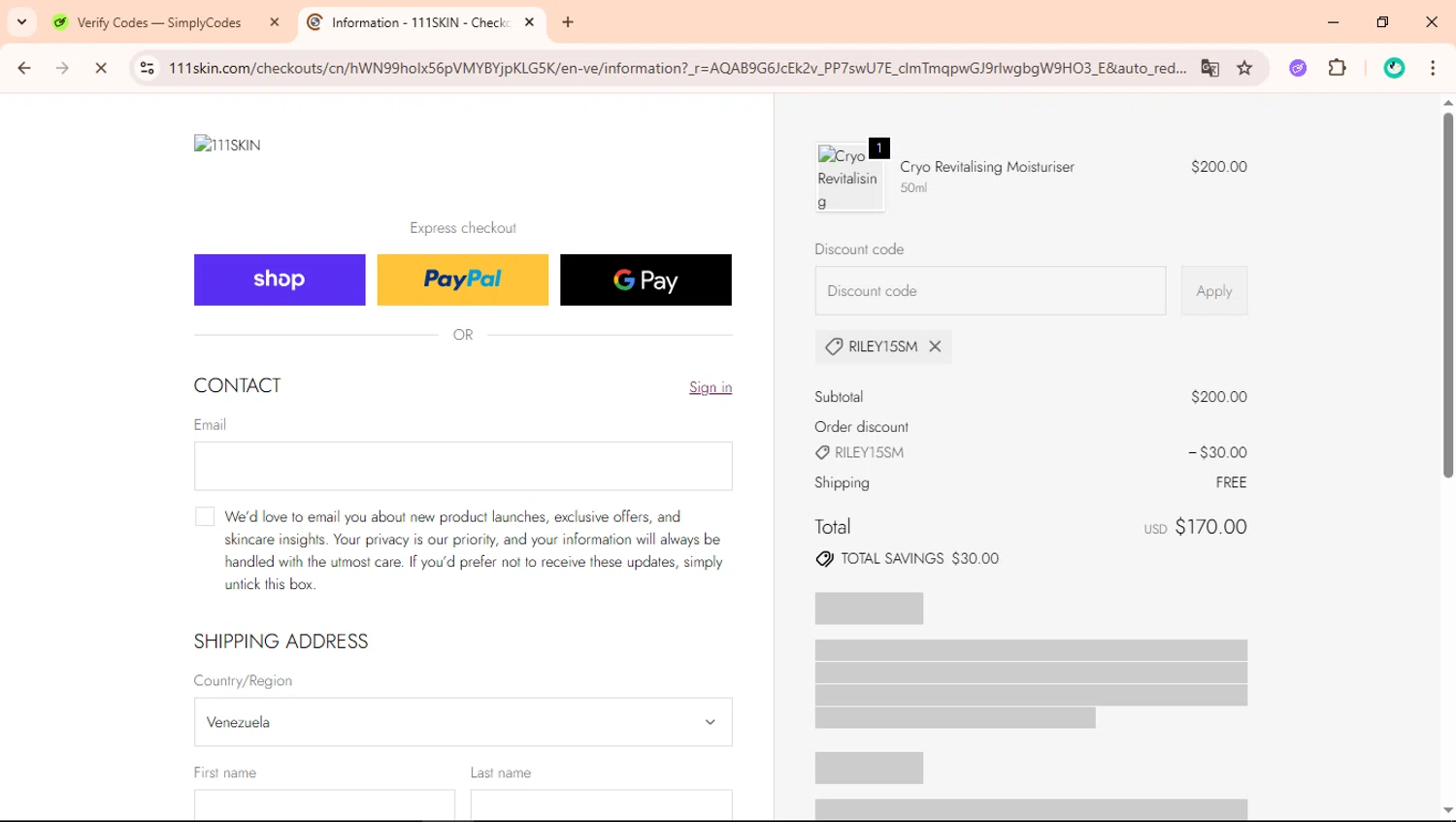 111Skin discount code screenshot showing code riley15sm applied at 111Skin checkout page. Uploaded by SimplyCodes community member ShieldLegend9691 on Feb 24, 2026
