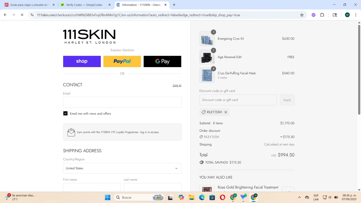 111Skin discount code screenshot showing code riley15sm applied at 111Skin checkout page. Uploaded by SimplyCodes community member Tortu_1 on Sep 8, 2025