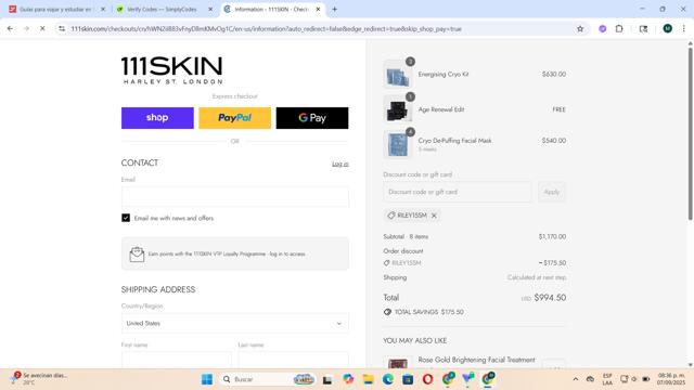 111Skin checkout page showing 111Skin discount code box | Screenshot taken by SimplyCodes community member on Sep 8, 2025