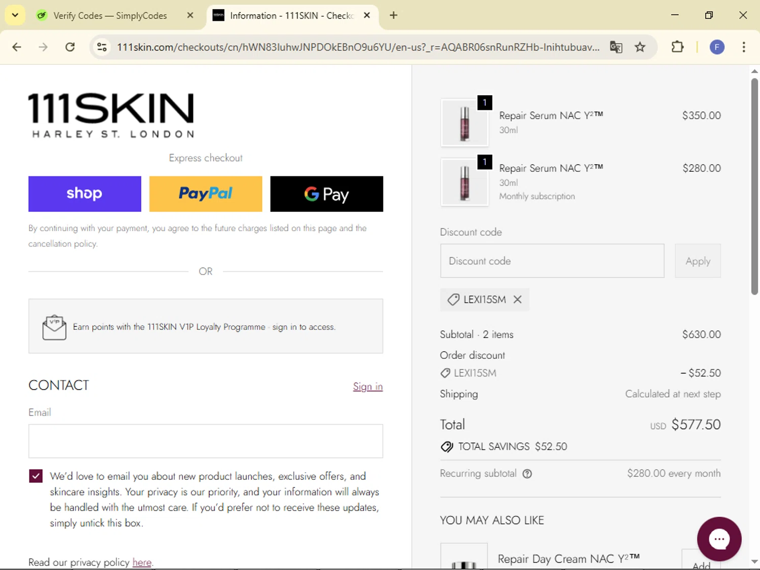 111Skin discount code screenshot showing code lexi15sm applied at 111Skin checkout page. Uploaded by SimplyCodes community member 123exss on Jan 26, 2026