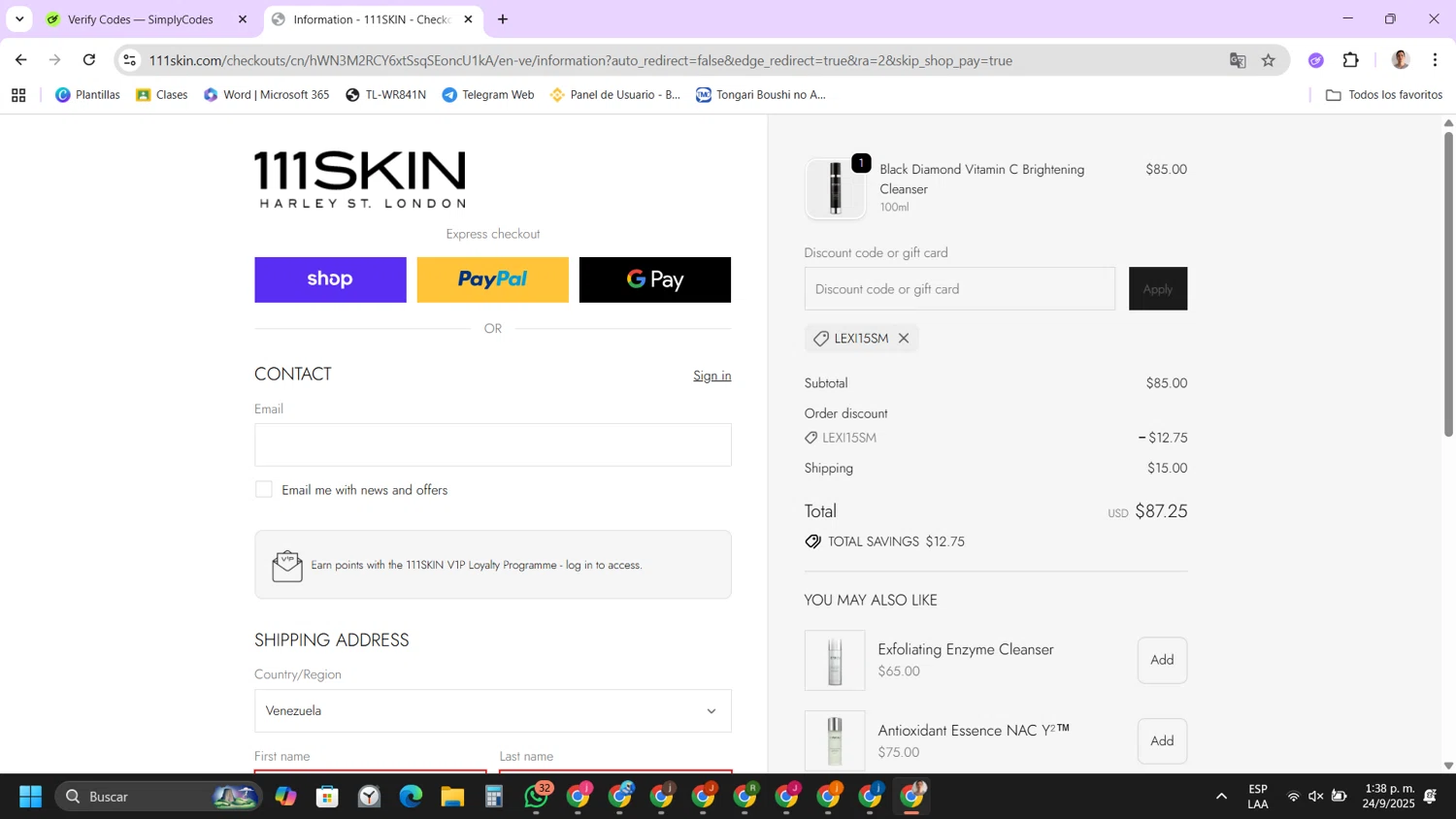 111Skin discount code screenshot showing code lexi15sm applied at 111Skin checkout page. Uploaded by SimplyCodes community member FernandoLetex on Sep 24, 2025