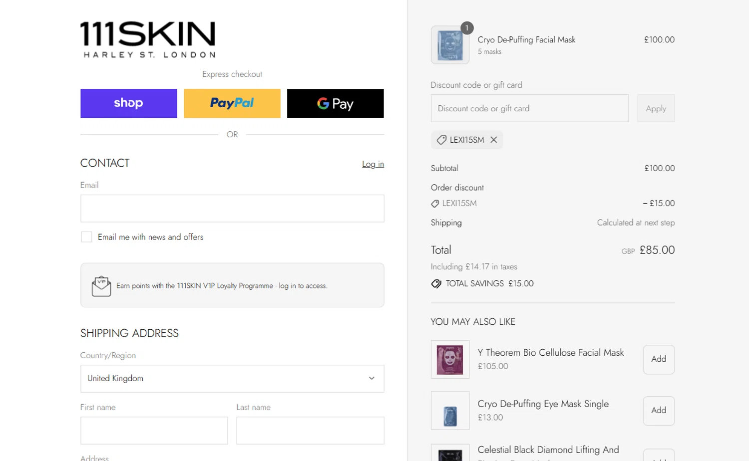 111Skin discount code screenshot showing code lexi15sm applied at 111Skin checkout page. Uploaded by SimplyCodes community member QuestNavigator1687 on Sep 7, 2025