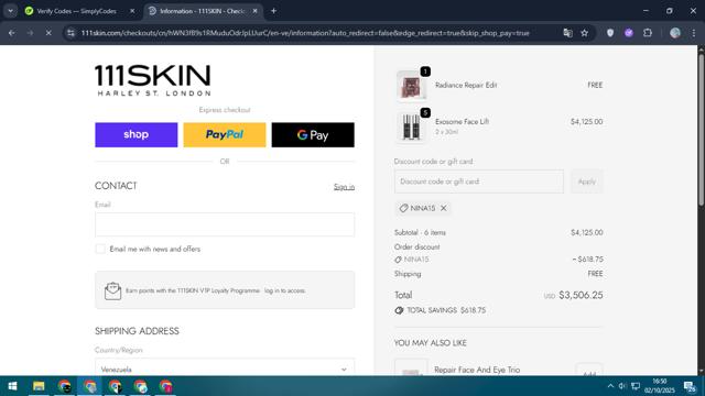 111Skin checkout page showing 111Skin discount code box | Screenshot taken by SimplyCodes community member on Oct 2, 2025