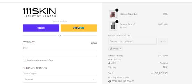 111Skin checkout page showing 111Skin discount code box | Screenshot taken by SimplyCodes community member on Oct 2, 2025