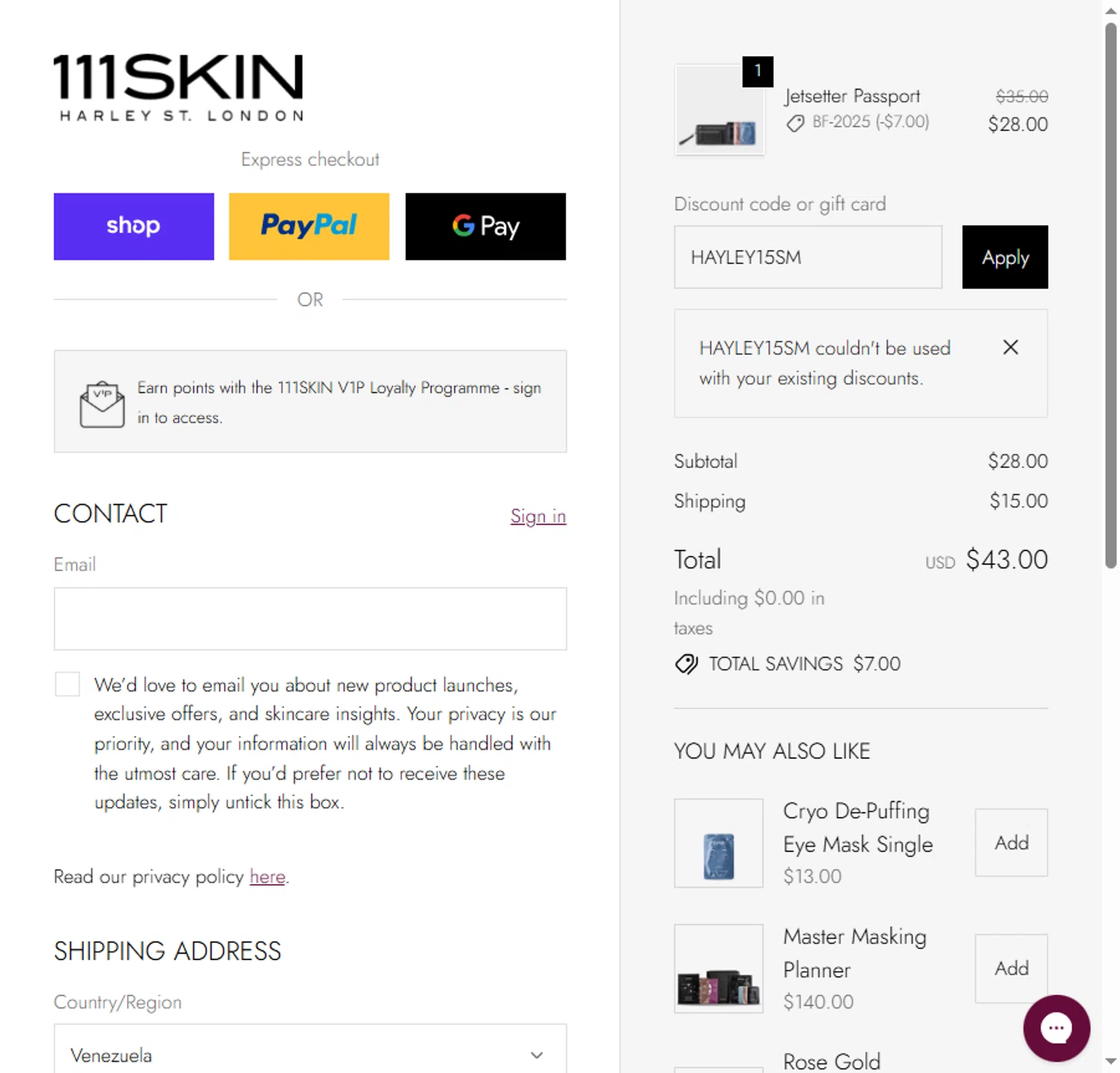 111Skin discount code screenshot showing code HAYLEY15SM applied at 111Skin checkout page. Uploaded by SimplyCodes community member Alejandra10 on Nov 29, 2025