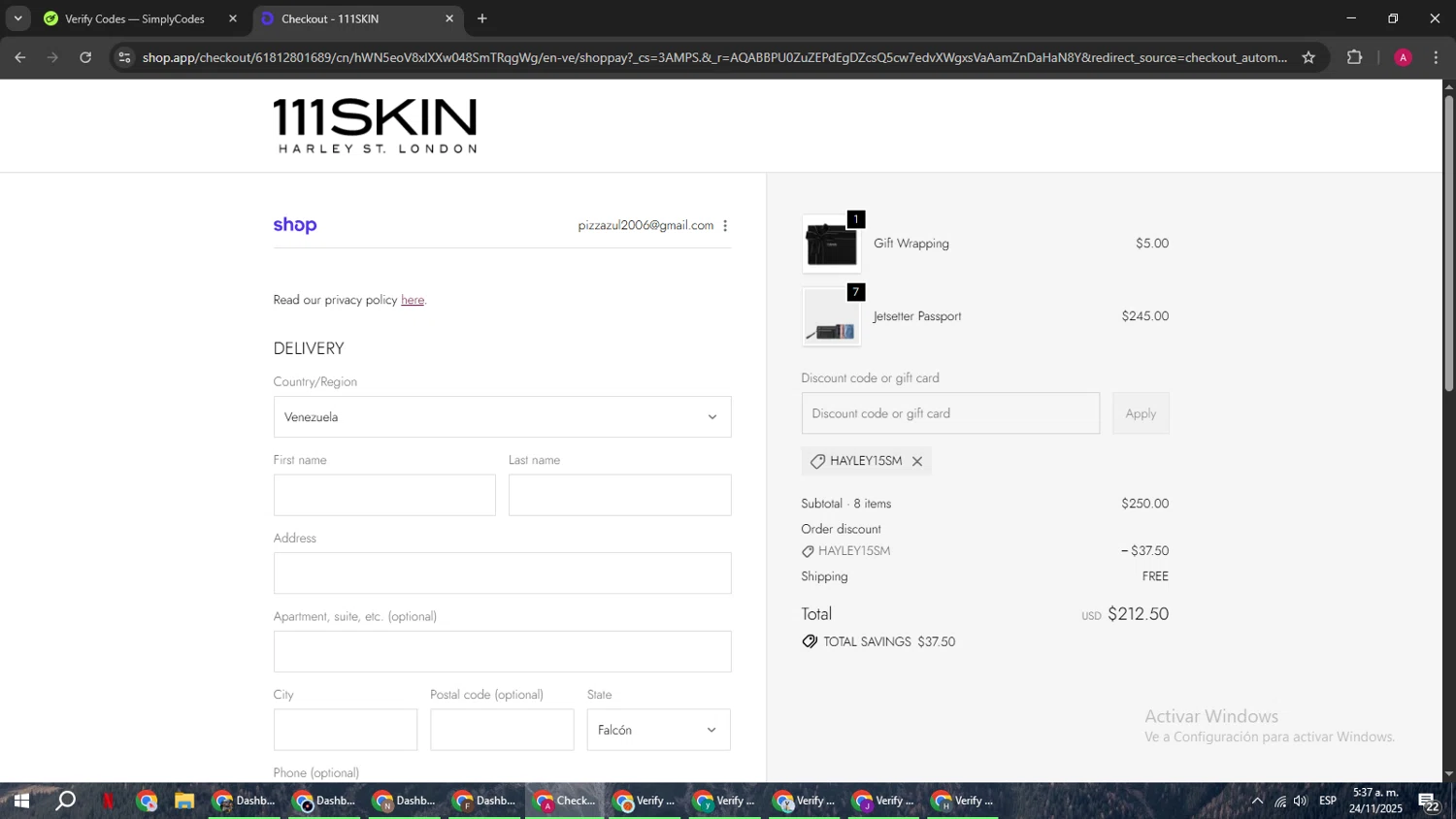111Skin discount code screenshot showing code HAYLEY15SM applied at 111Skin checkout page. Uploaded by SimplyCodes community member BMWGS1200 on Nov 24, 2025
