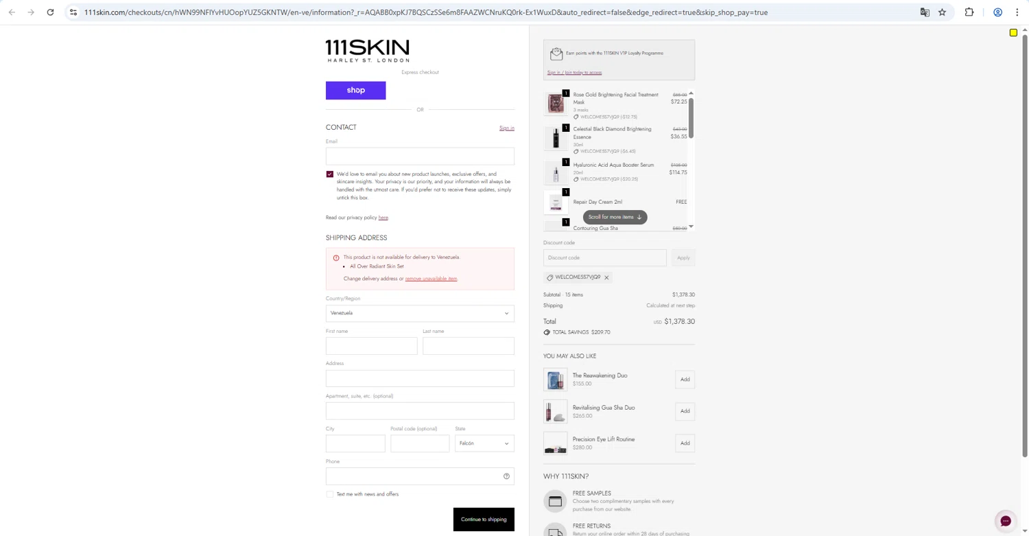 111Skin checkout page showing 111Skin discount code box | Screenshot taken by SimplyCodes community member on Feb 24, 2026