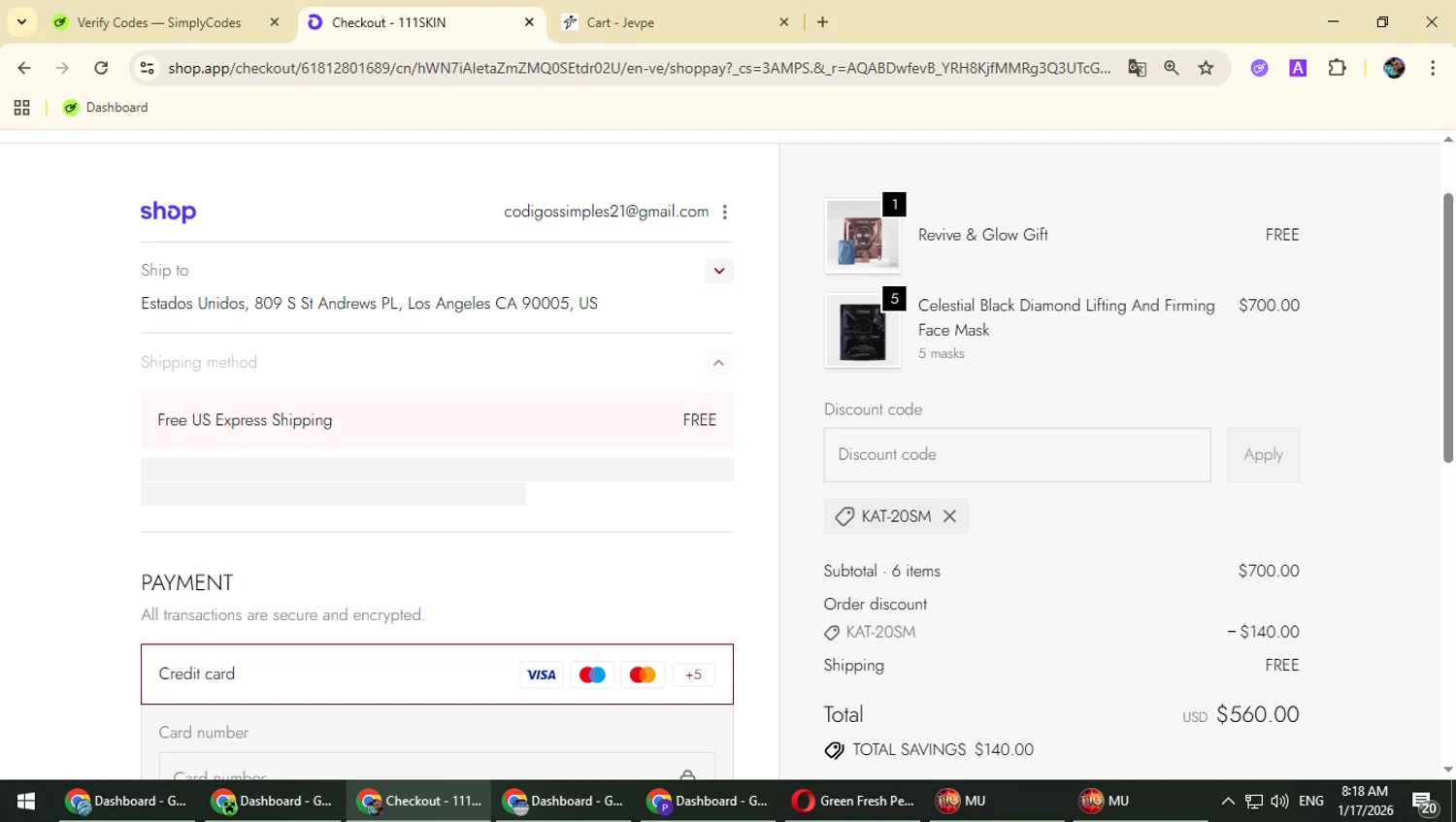 111Skin checkout page showing 111Skin discount code box | Screenshot taken by SimplyCodes community member on Jan 17, 2026