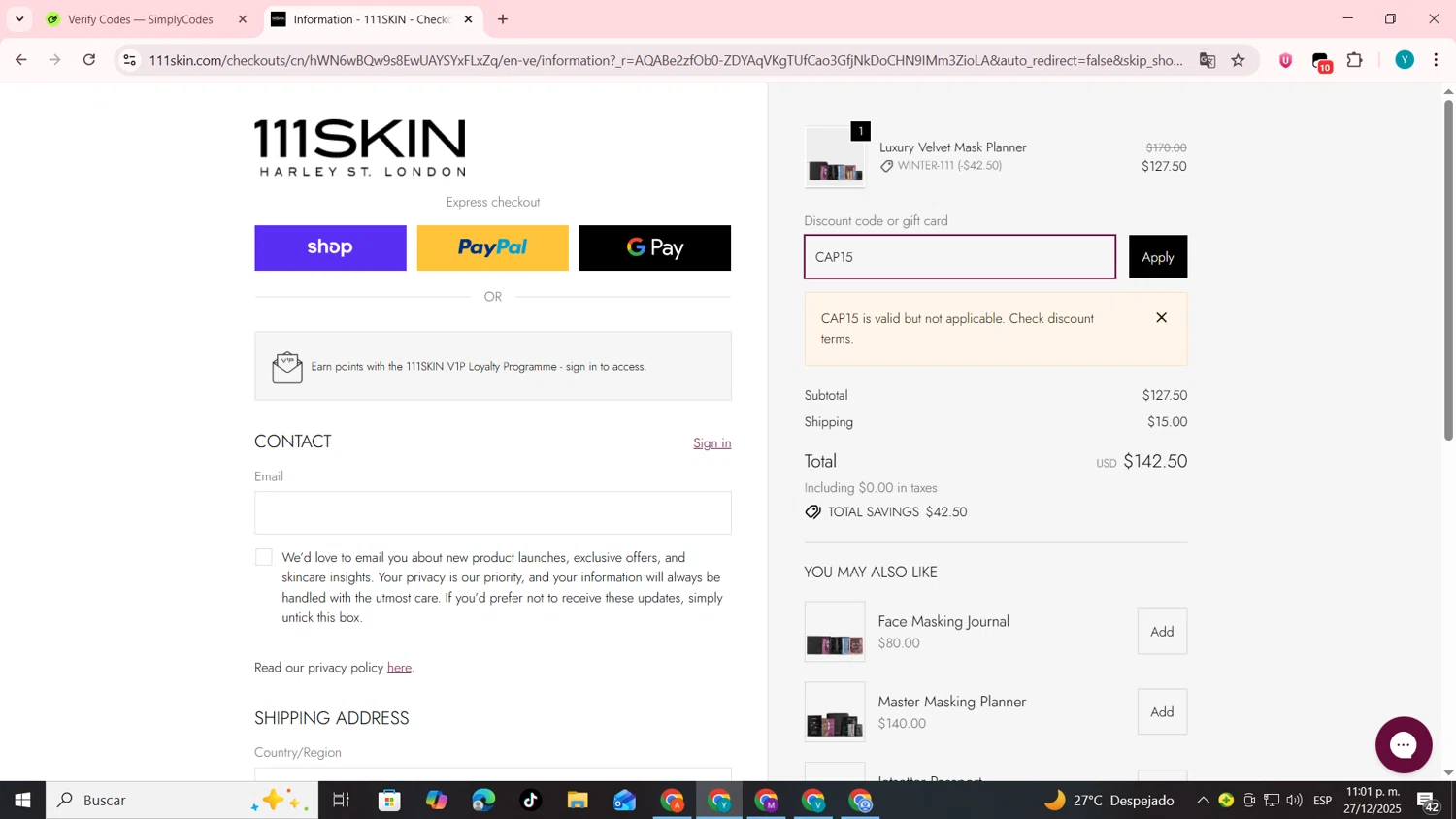 111Skin discount code screenshot showing code CAP15 applied at 111Skin checkout page. Uploaded by SimplyCodes community member codygakpo on Dec 28, 2025