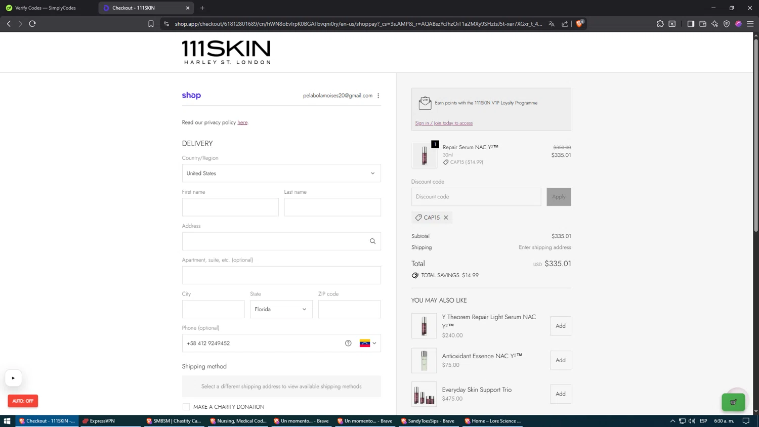 111Skin checkout page showing 111Skin discount code box | Screenshot taken by SimplyCodes community member on Feb 15, 2026