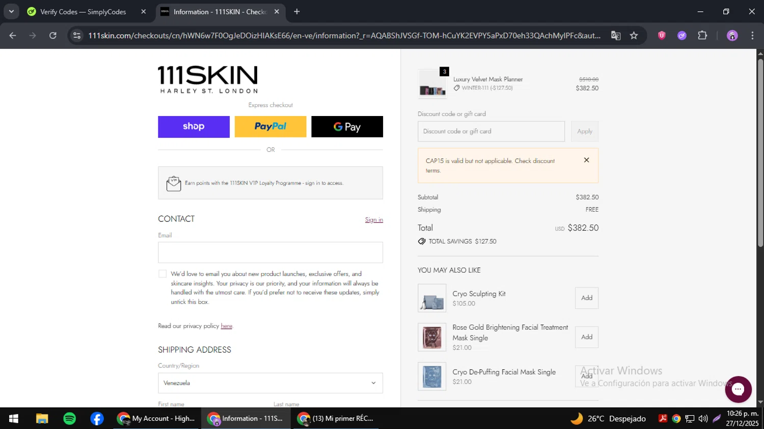 111Skin discount code screenshot showing code CAP15 applied at 111Skin checkout page. Uploaded by SimplyCodes community member jesusguqnipatwo on Dec 28, 2025