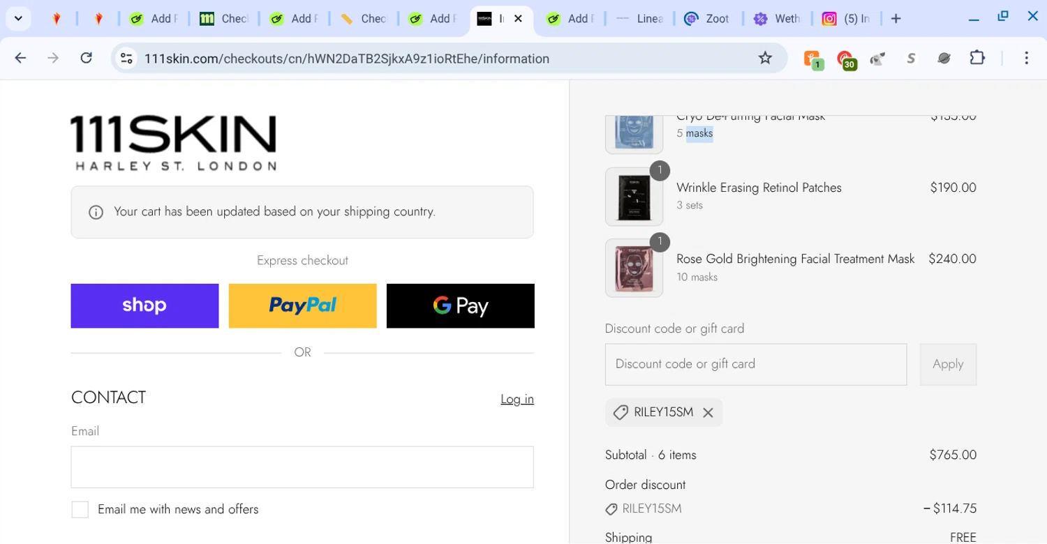 111Skin discount code screenshot showing code riley15sm applied at 111Skin checkout page. Uploaded by SimplyCodes community member KarinaHZ on Aug 30, 2025
