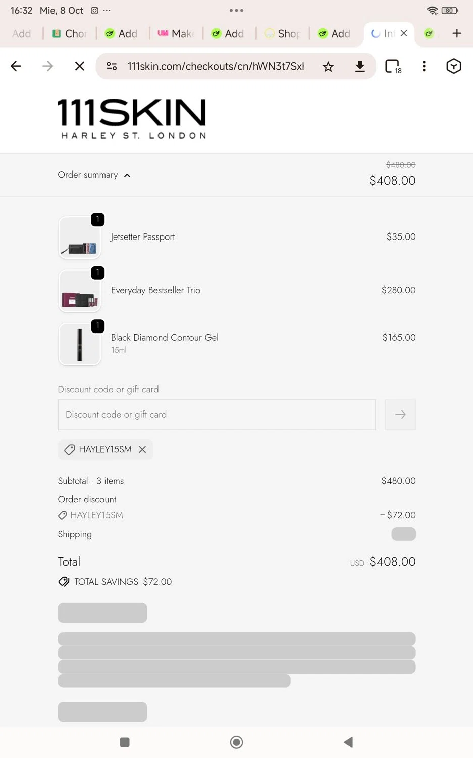 111Skin discount code screenshot showing code HAYLEY15SM applied at 111Skin checkout page. Uploaded by SimplyCodes community member KarinaHZ on Oct 8, 2025