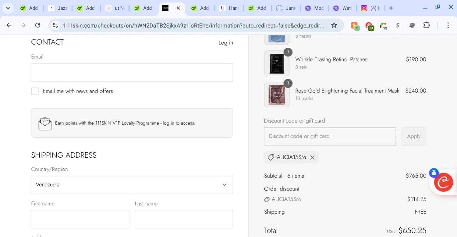 111Skin discount code screenshot showing code alicia15sm applied at 111Skin checkout page. Uploaded by SimplyCodes community member KarinaHZ on Aug 25, 2025