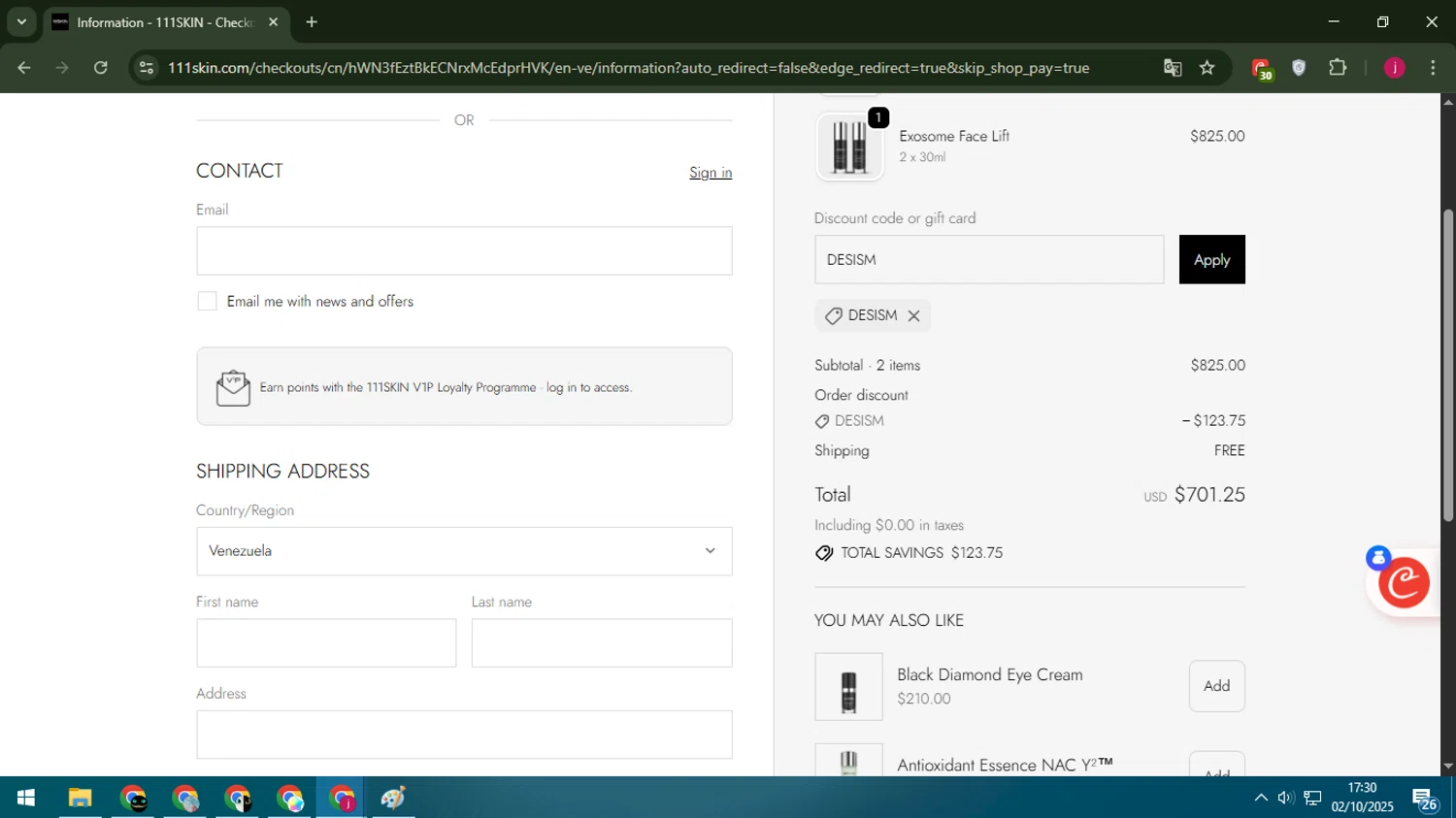111Skin discount code screenshot showing code DESISM applied at 111Skin checkout page. Uploaded by SimplyCodes community member MoneyScholar5687 on Oct 2, 2025