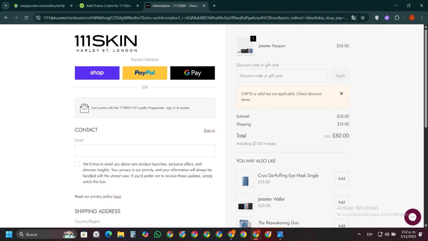 111Skin discount code screenshot showing code CAP15 applied at 111Skin checkout page. Uploaded by SimplyCodes community member ShieldAce8260 on Dec 3, 2025