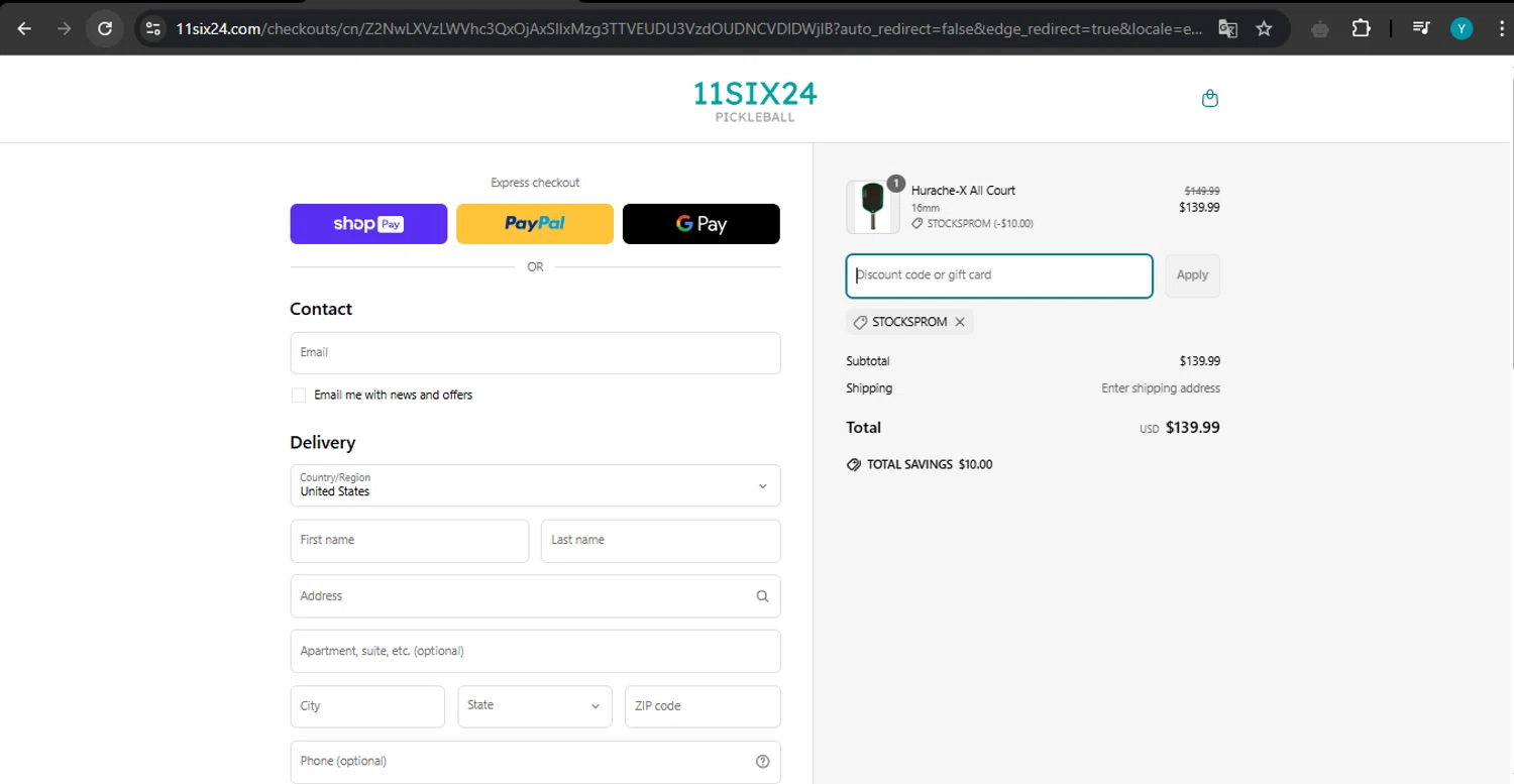 11SIX24 discount code screenshot showing code STOCKSPROM applied at 11SIX24 checkout page. Uploaded by SimplyCodes community member ValueTiger695 on Apr 4, 2025