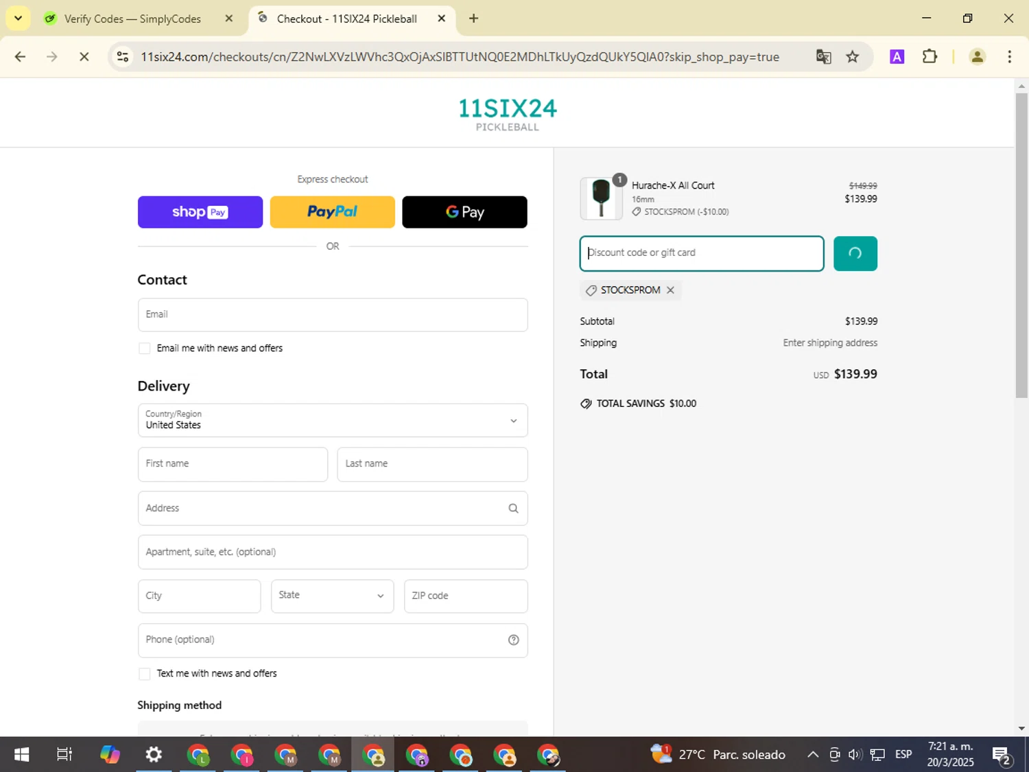 11SIX24 discount code screenshot showing code STOCKSPROM applied at 11SIX24 checkout page. Uploaded by SimplyCodes community member NobleMonarch1787 on Mar 20, 2025
