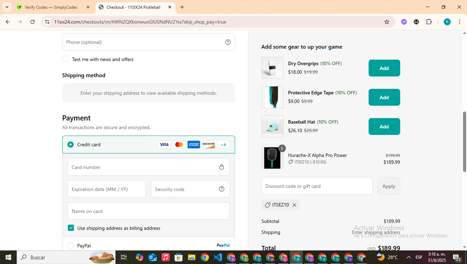 11SIX24 discount code screenshot showing code ITSEZ10 applied at 11SIX24 checkout page. Uploaded by SimplyCodes community member BudgetHero4407 on Aug 31, 2025