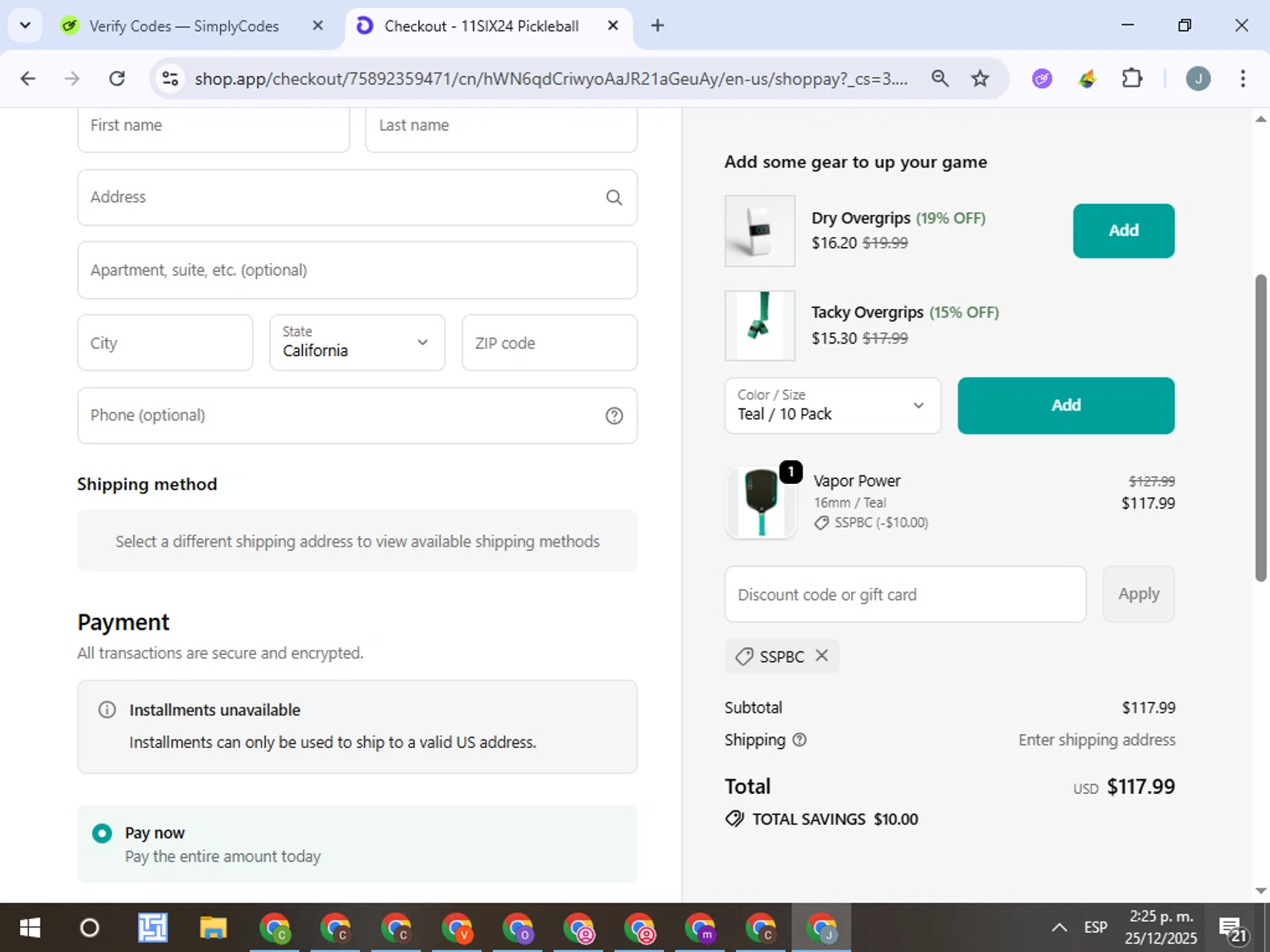 11SIX24 discount code screenshot showing code SSPBC applied at 11SIX24 checkout page. Uploaded by SimplyCodes community member ValueTracker8384 on Dec 25, 2025