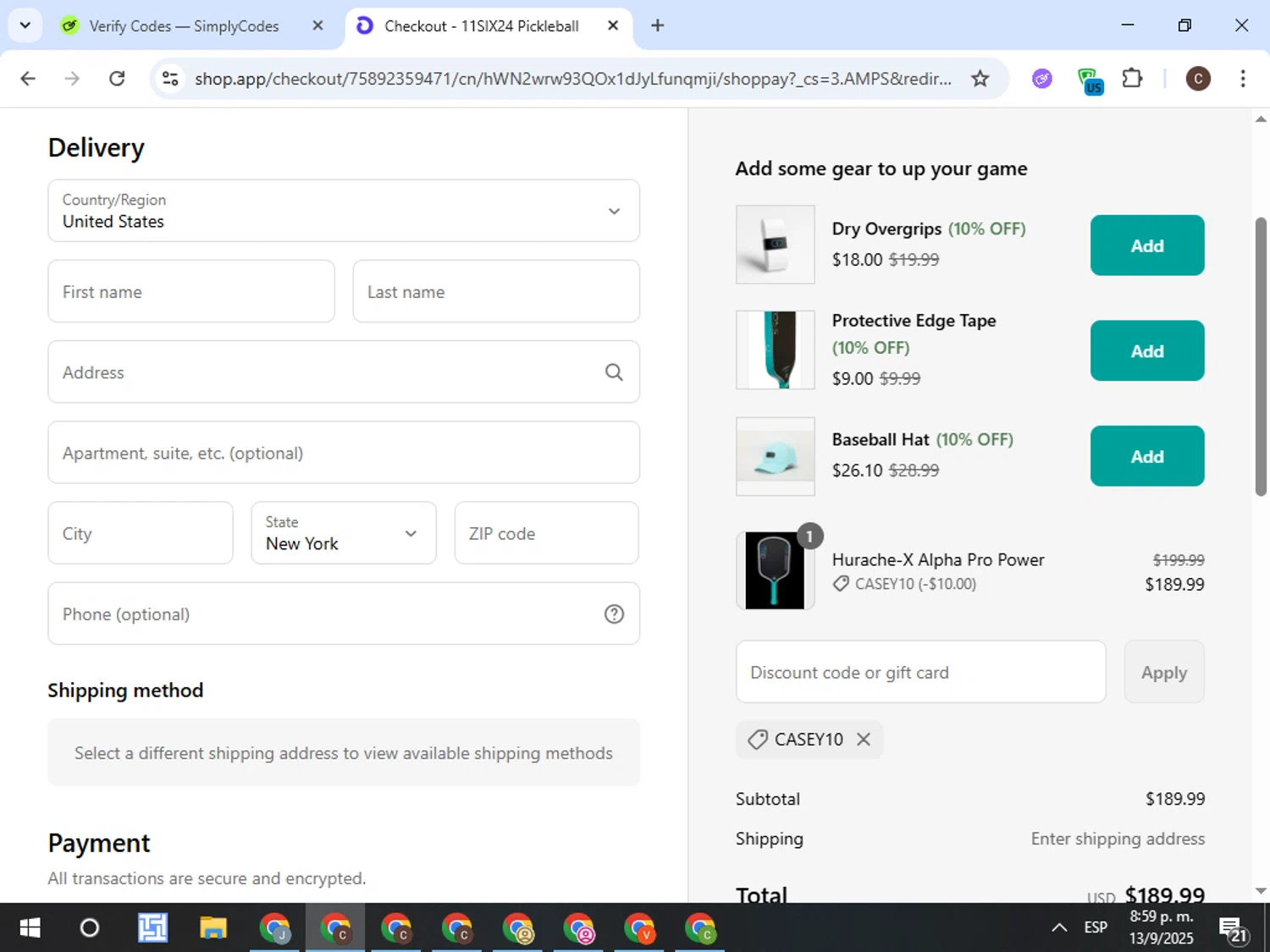 11SIX24 discount code screenshot showing code CASEY10 applied at 11SIX24 checkout page. Uploaded by SimplyCodes community member TreasureFox8596 on Sep 14, 2025