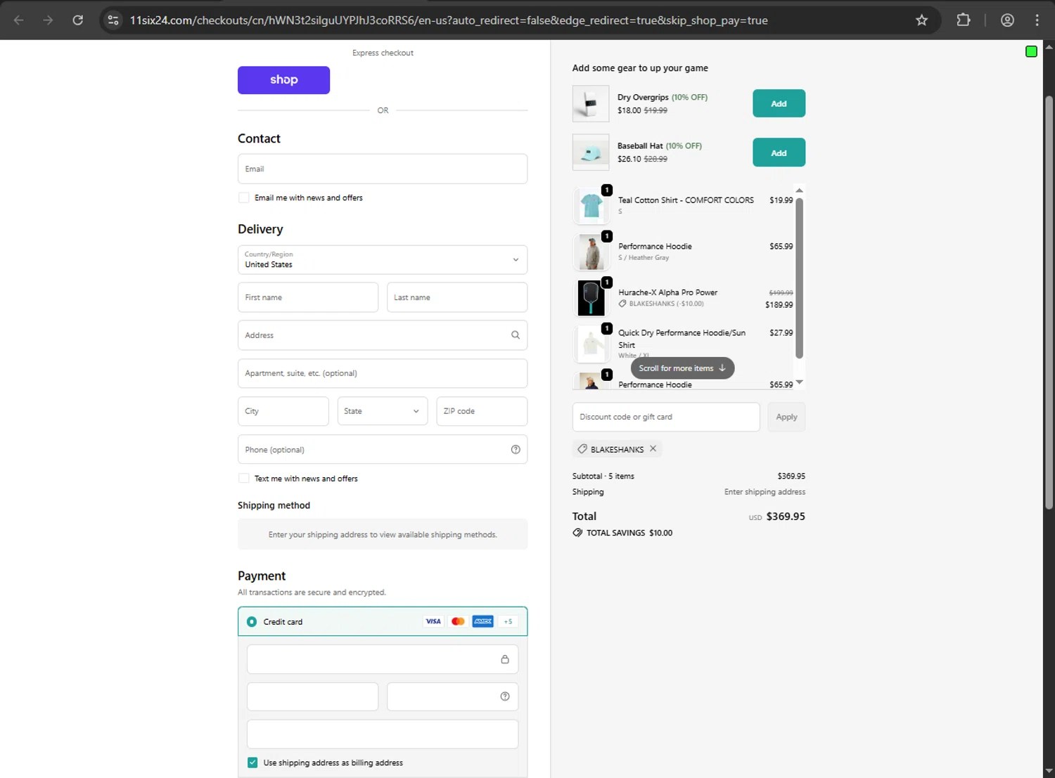 11SIX24 discount code screenshot showing code BLAKESHANKS applied at 11SIX24 checkout page. Uploaded by SimplyCodes community member ShrewdDefender8496 on Oct 8, 2025