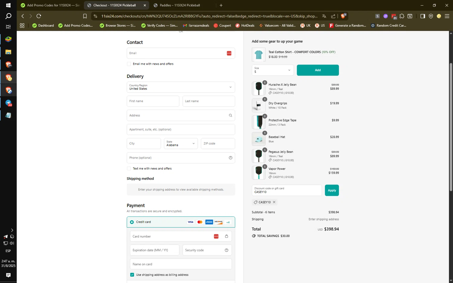 11SIX24 discount code screenshot showing code CASEY10 applied at 11SIX24 checkout page. Uploaded by SimplyCodes community member HiddenPulse7619 on Aug 31, 2025