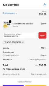 DEVELOPMENT50 coupon verification screenshot