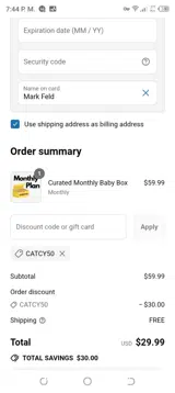 CATCY50 coupon verification screenshot