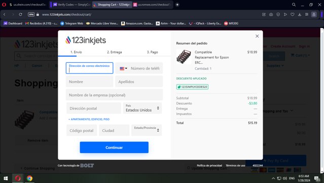 123Inkjets checkout page showing 123Inkjets discount code box | Screenshot taken by SimplyCodes community member on Jan 28, 2024