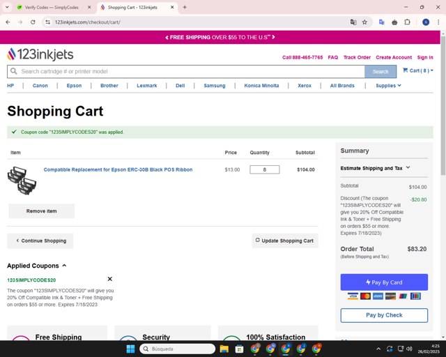 123Inkjets checkout page showing 123Inkjets discount code box | Screenshot taken by SimplyCodes community member on Feb 26, 2025