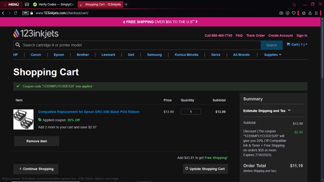 123Inkjets checkout page showing 123Inkjets discount code box | Screenshot taken by SimplyCodes community member on Mar 17, 2025