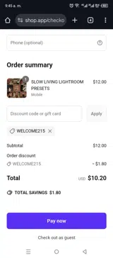 WELCOME215 coupon verification screenshot