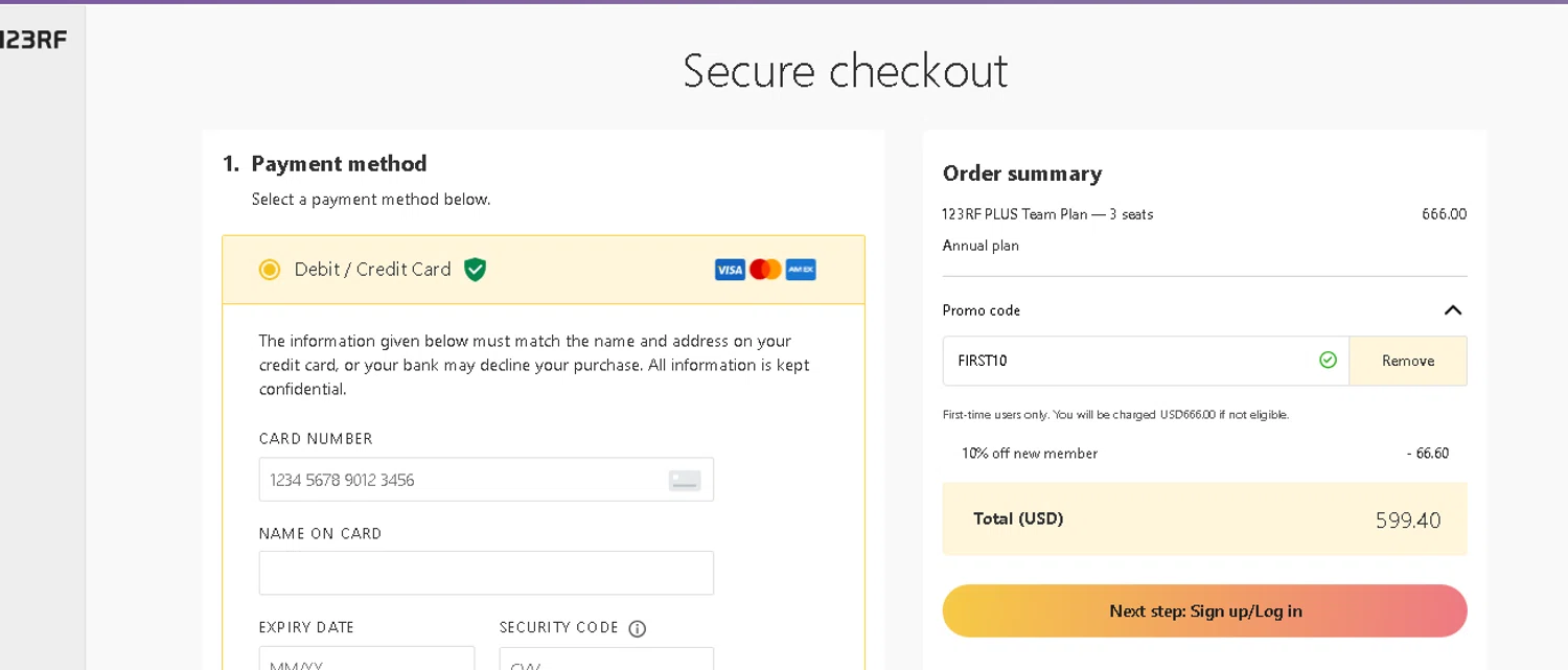 123RF promo code screenshot showing code FIRST10 applied at 123RF checkout page. Uploaded by SimplyCodes community member beatrizcastillo on May 16, 2026