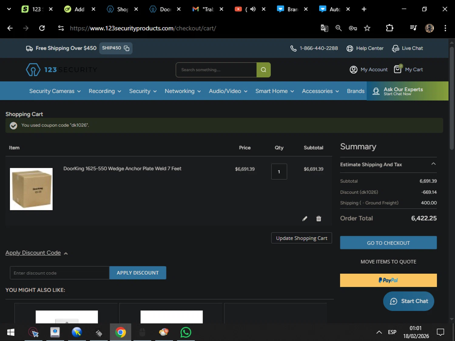 123 Security Products promo code screenshot showing code dk1026 applied at 123 Security Products checkout page. Uploaded by SimplyCodes community member MarcosAranguren on Feb 18, 2026