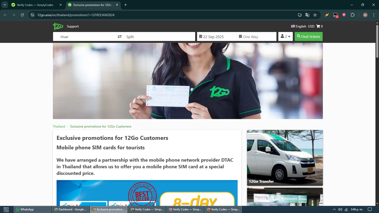 12go.asia promo code screenshot showing code 12FREEJAN2024 applied at 12go.asia checkout page. Uploaded by SimplyCodes community member DiscountTitan4635 on Sep 16, 2025