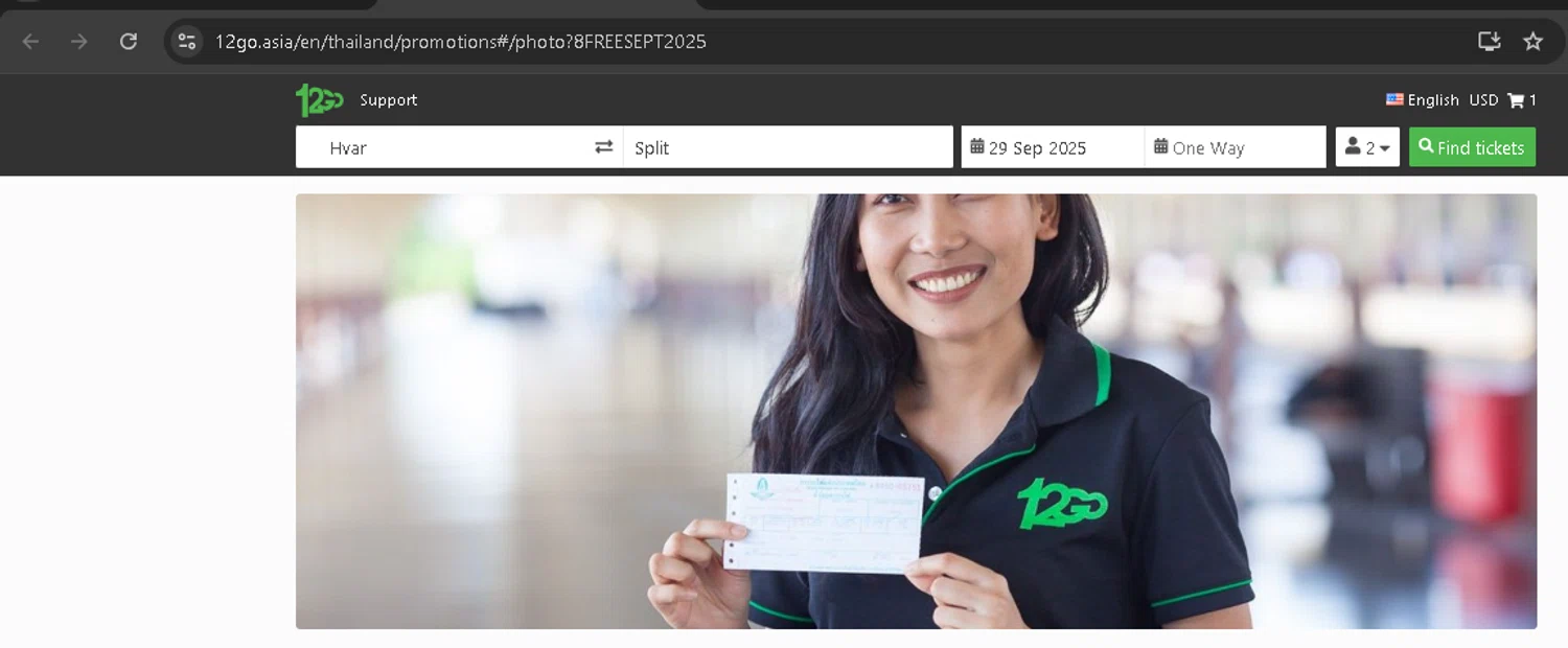 12go.asia promo code screenshot showing code 8FREESEPT2025 applied at 12go.asia checkout page. Uploaded by SimplyCodes community member BonusPro7395 on Sep 24, 2025