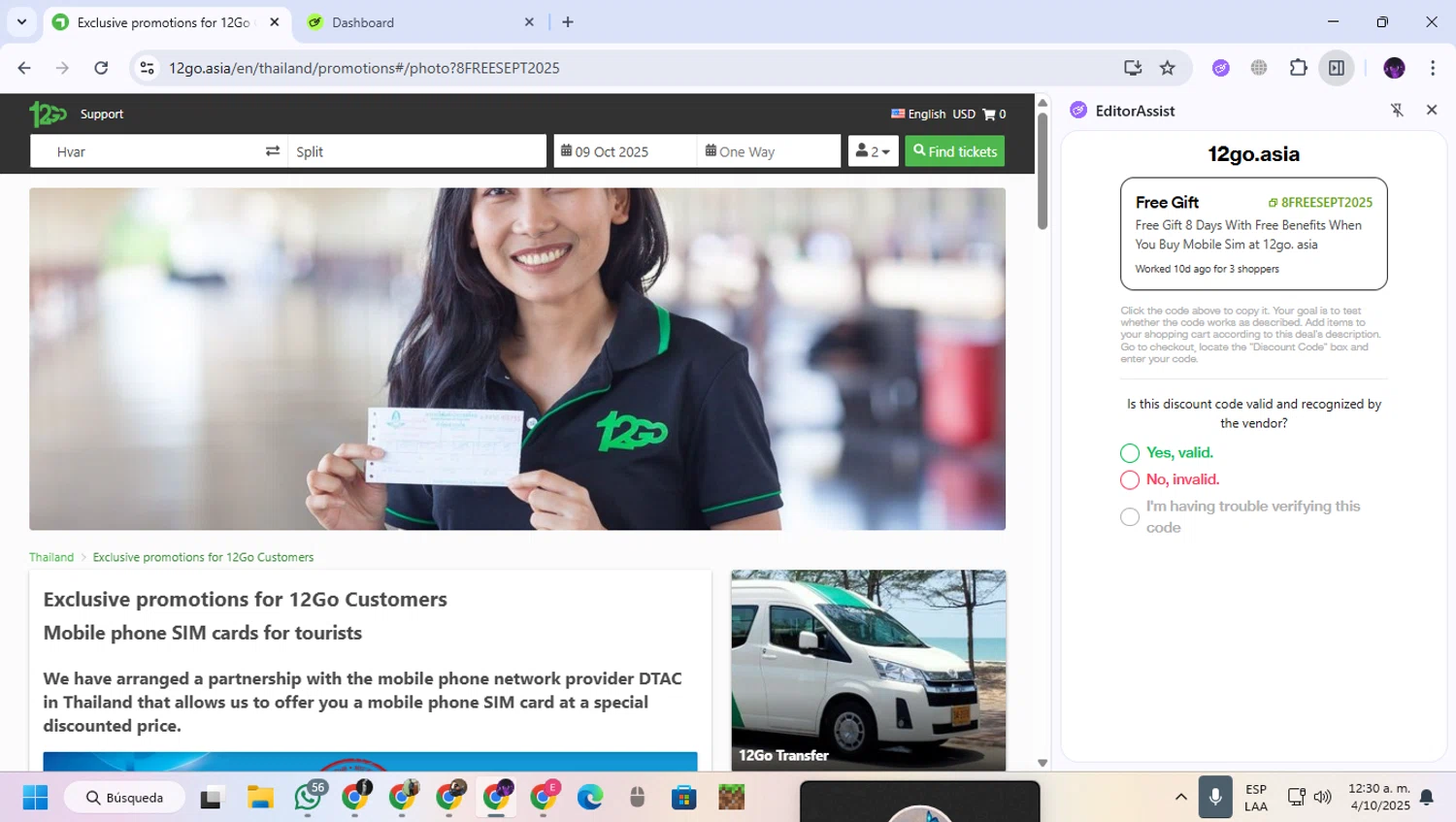 12go.asia promo code screenshot showing code 8FREESEPT2025 applied at 12go.asia checkout page. Uploaded by SimplyCodes community member GloriousGuardian9063 on Oct 4, 2025
