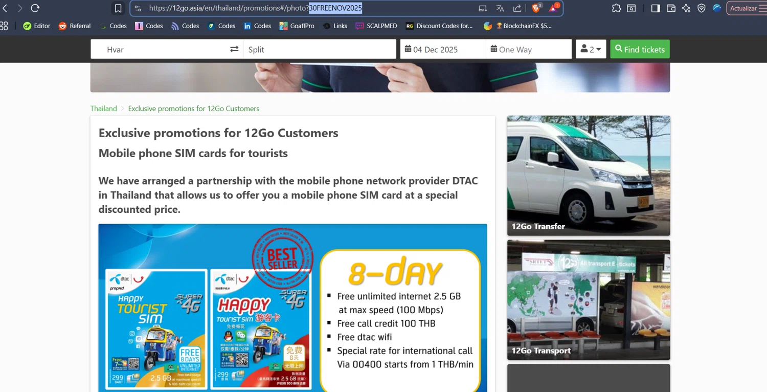 12go.asia promo code screenshot showing code 30FREENOV2025 applied at 12go.asia checkout page. Uploaded by SimplyCodes community member BabaYaga on Nov 29, 2025