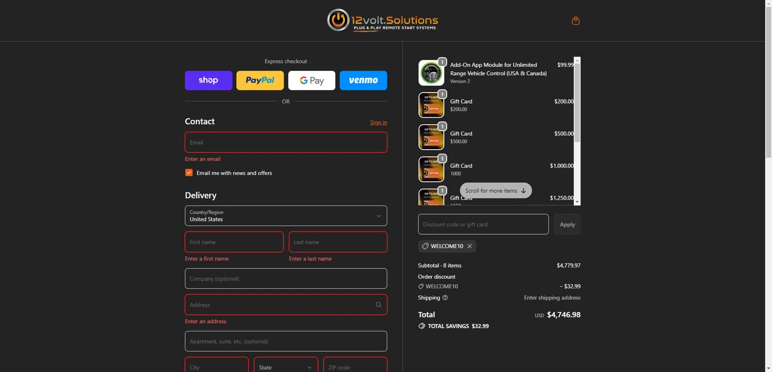 12Volt.Solutions promo code screenshot showing code Welcome10 applied at 12Volt.Solutions checkout page. Uploaded by SimplyCodes community member ValiantAce1810 on Feb 14, 2026