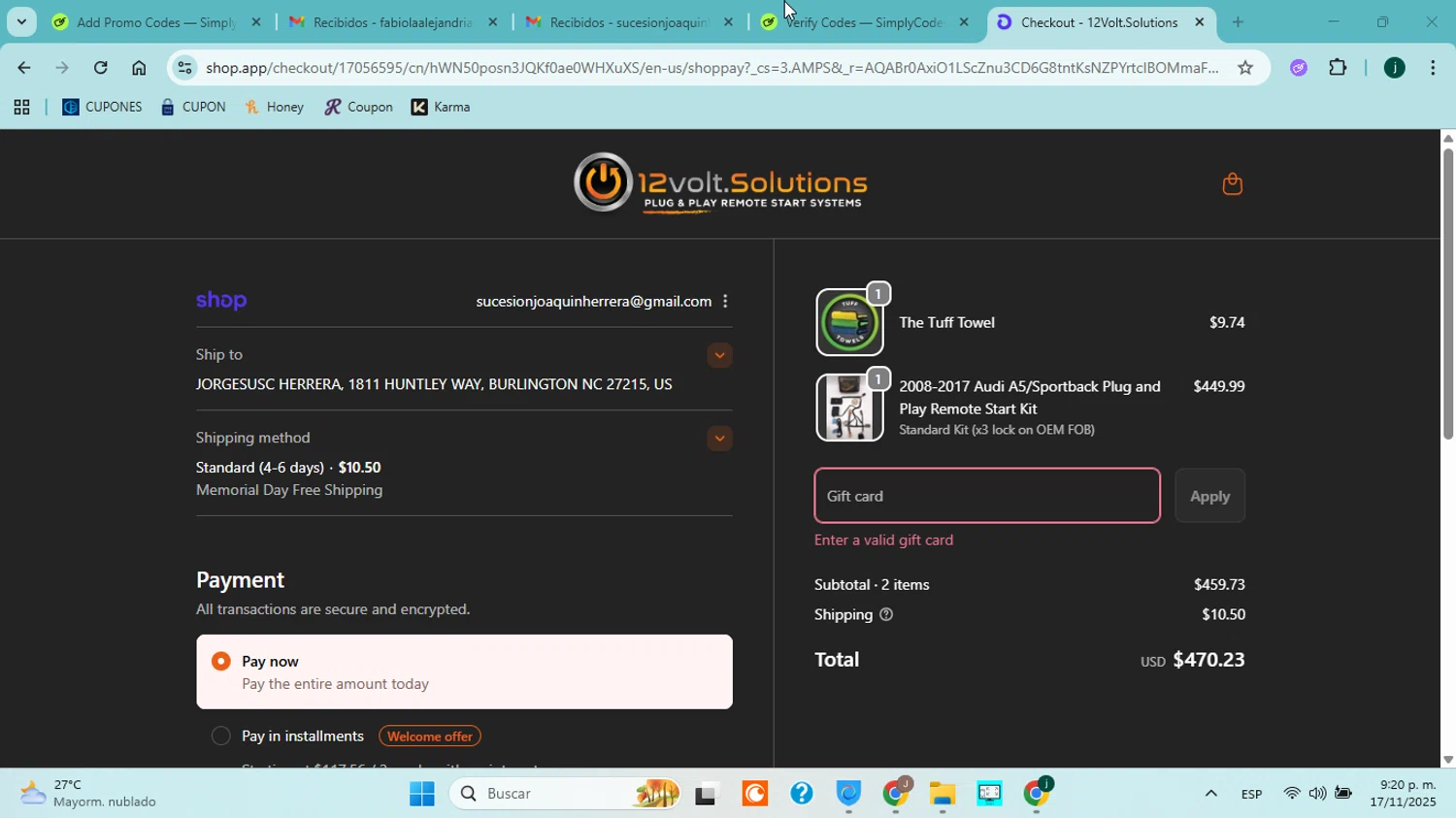 12Volt.Solutions promo code screenshot showing code Welcome10 applied at 12Volt.Solutions checkout page. Uploaded by SimplyCodes community member jorgejavierherrera on Nov 18, 2025
