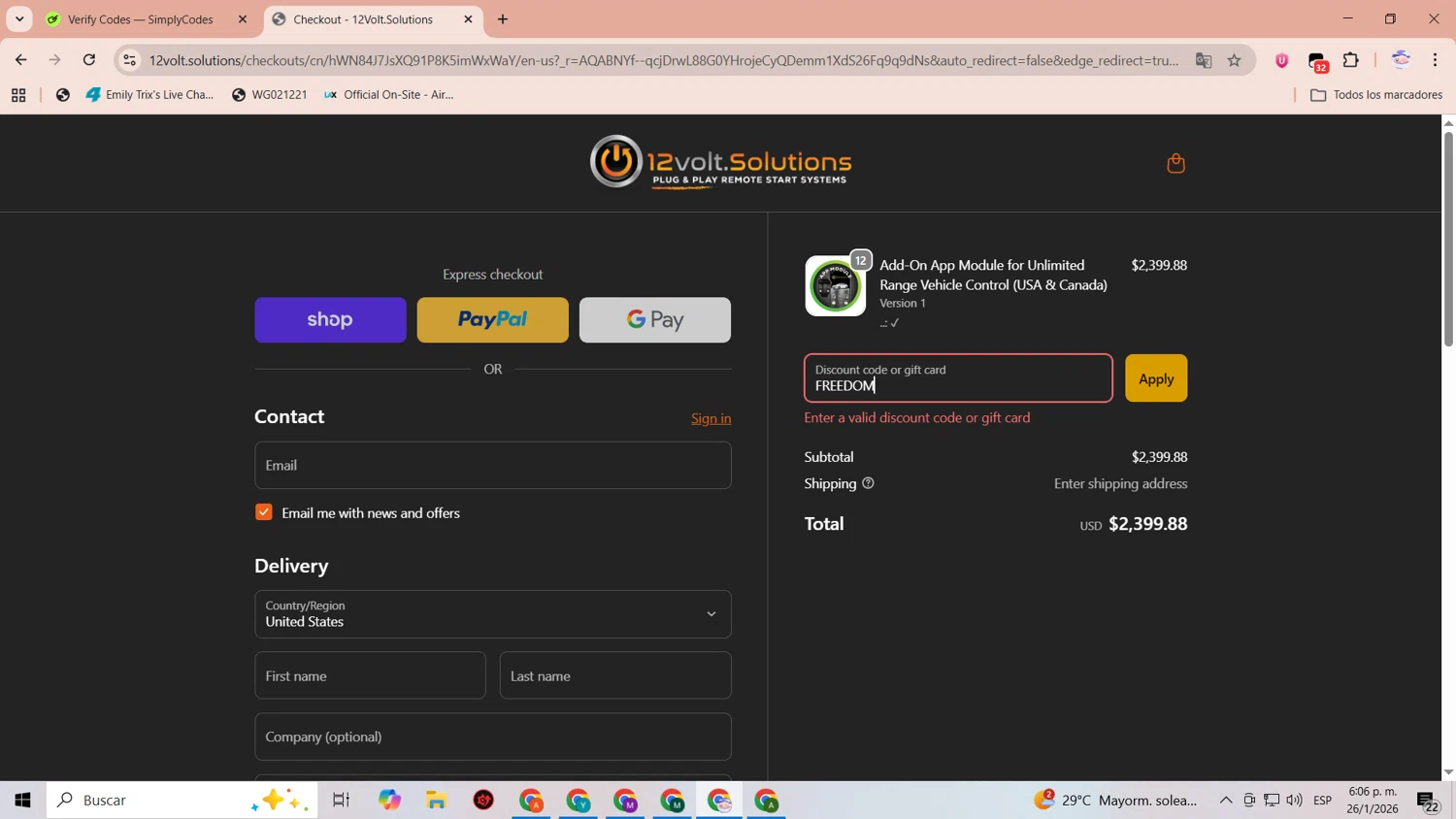 12Volt.Solutions promo code screenshot showing code FREEDOM applied at 12Volt.Solutions checkout page. Uploaded by SimplyCodes community member CoinLegend1707 on Jan 26, 2026