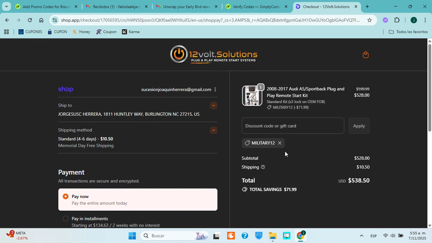 12Volt.Solutions promo code screenshot showing code MILITARY12 applied at 12Volt.Solutions checkout page. Uploaded by SimplyCodes community member ABHF23 on Nov 7, 2025